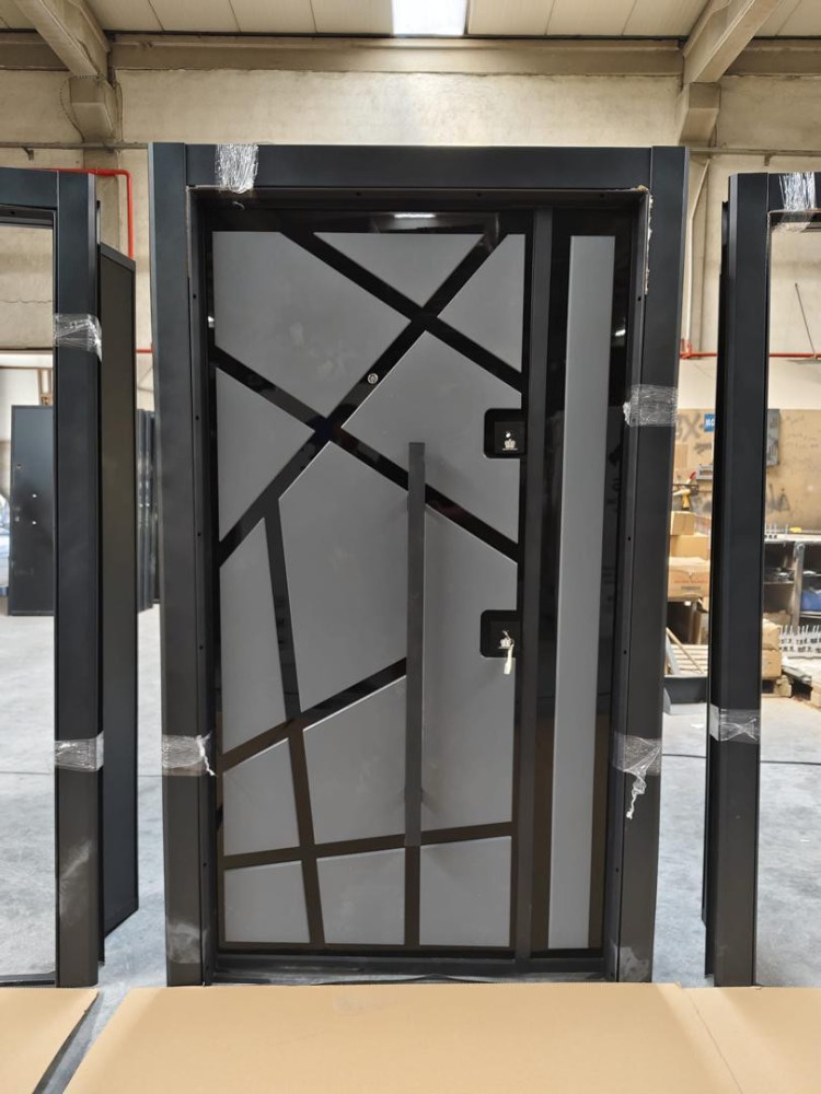 Modern Turkish security Door features a contemporary design with black geometric accents