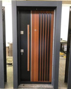 Modern Security Steel Door with a wood finish and long handle 