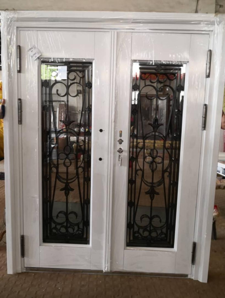 White double Steel Door with decorative wrought-iron and glass insert