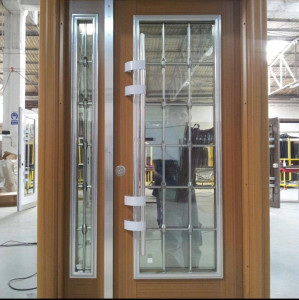wood-finish steel Security door with glass inserts and metal grillies
