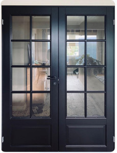 Set of black-framed French double doors, likely made of iron or aluminum with tempered glass panels