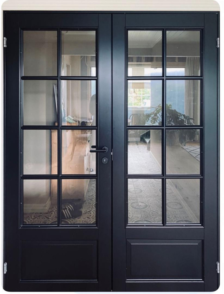 Set of black-framed French double doors, likely made of iron or aluminum with tempered glass panels