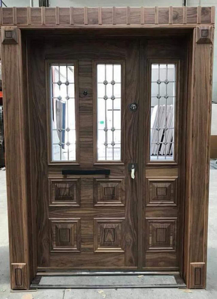 It Features upper glass panels with a decorative grid design