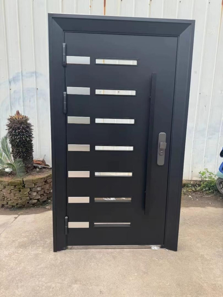 Modern black Security Door likely made of steel or aluminum 