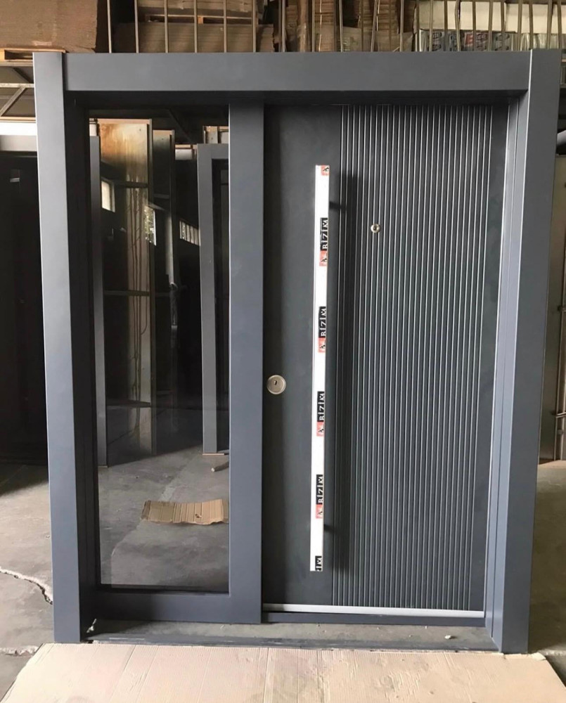 Modern gray Turkish Security Door with vertical paneling