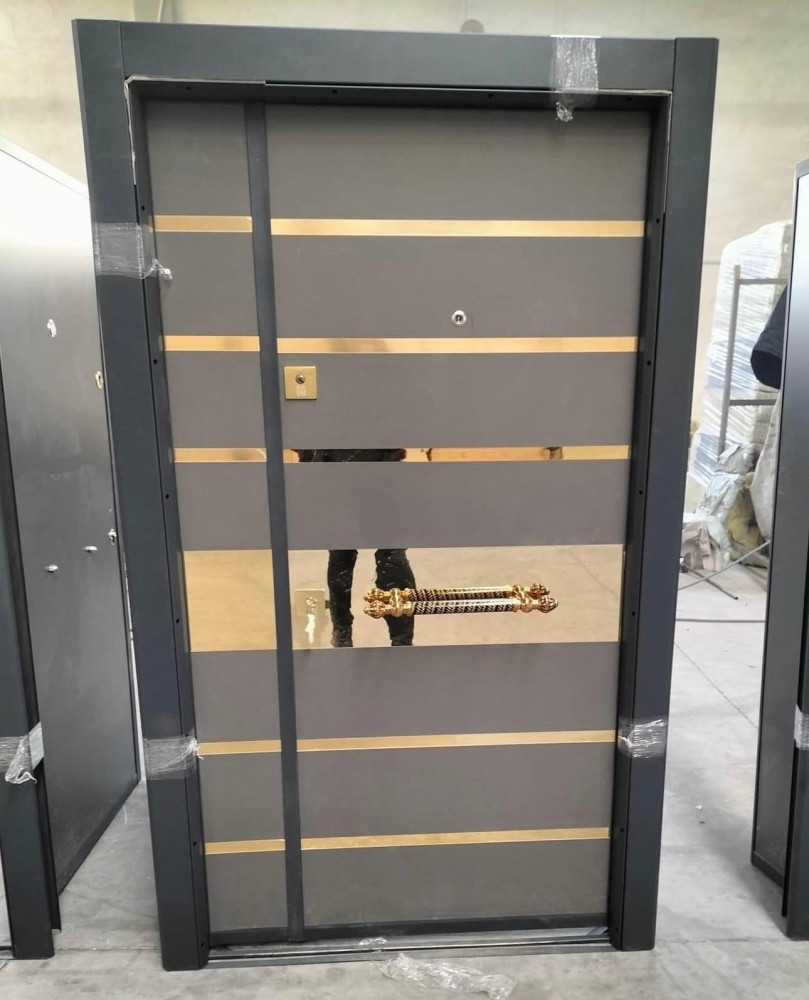 Modrn black and White Security Pivot Door featuring a smart locking system