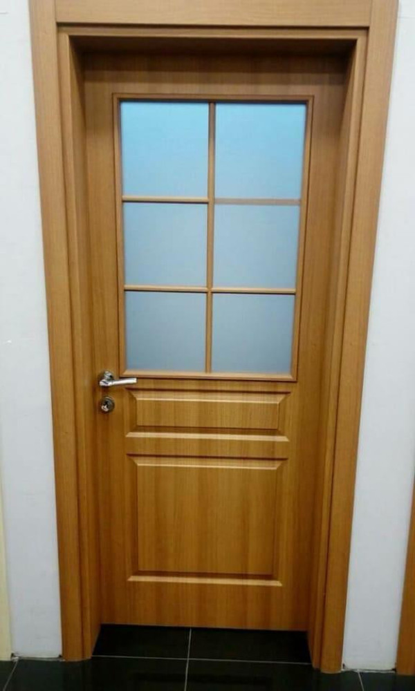 Modern wooden interior door featuring frosted glass panels
