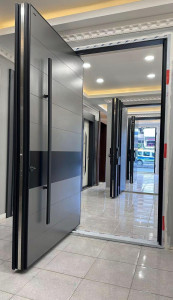 Turkish Luxury Pivot Security Door with a sleek grey and black panel design