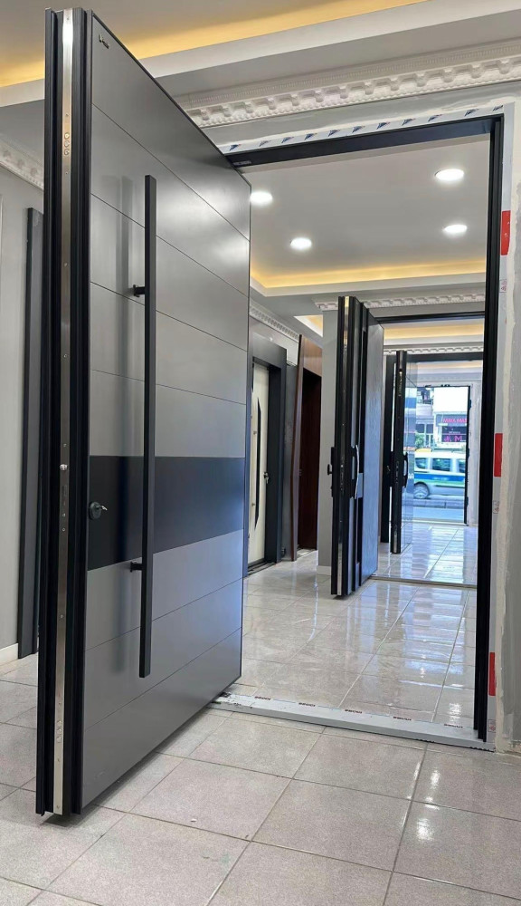 Turkish Luxury Pivot Security Door with a sleek grey and black panel design
